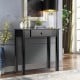 Black small space console table with drawer, made of wood and MDF, ideal for living room or hallway storage.