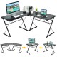 L-shaped corner desk in black, made of P2 MDF and iron, ideal for home office or study with ample workspace.