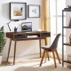 Modern walnut computer desk with solid wood legs, featuring a spacious tabletop and two drawers, ideal for small spaces.
