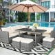 7-piece all-weather patio rattan dining set with off-white cushions, including sectional sofa and ottomans, ideal for.