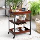Three-tier serving bar cart showcasing a wooden top and metal frame, perfect for organizing drinks in kitchens or.