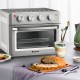 19 Qt convection air fryer toaster oven in silver with 4 knobs, showcasing a loaf of bread and healthy dishes on a.