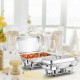 Stainless steel chafing dish set with double plates, ideal for buffets and events, featuring removable pans and fuel.