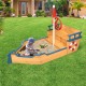 Wooden pirate boat sandbox for kids with benches, storage space, and weather-resistant fir, perfect for outdoor play.