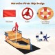 Wooden pirate boat sandbox for kids with flag, rudder, and lifebuoy, featuring benches and large storage space.