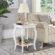 White accent side table with curved legs and lower shelf, perfect for living room decor and storage.