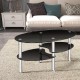 Tempered glass oval coffee table in black with two bottom shelves, ideal for living room storage and elegant decor.