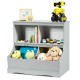 Gray 3-tier kids bookcase storage organizer showing a playful setup with toys on top and bins for easy access to items.