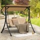3-seat outdoor porch swing with adjustable beige canopy and padded cushions, perfect for backyard relaxation.