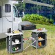 Folding camping table with storage organizer in gray, featuring a large heat-resistant countertop and side tables for.