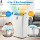 Portable 12000 BTU air conditioner in white with cooling, heating, and dehumidifying modes for year-round comfort.