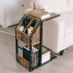 C-shape industrial snack end table with storage compartments, made of particle board and metal, ideal for living room.