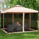 10 x 10 feet vented metal canopy with mosquito netting, featuring a light brown polyester top for outdoor events.