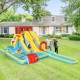 Colorful 7-in-1 inflatable dual slide water park with climbing wall, pool, and basketball hoop for outdoor fun.