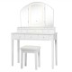 Vanity table set with tri-fold lighted mirror, 13 compartments, and padded stool for organized dressing in white.