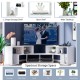 L-shaped adjustable TV stand in white with spacious tabletop and open shelves, perfect for living room or bedroom use.
