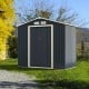 Gray 7x4 feet metal storage shed with sliding double lockable doors and vents for easy access and ventilation.