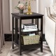 Dark brown side table with smooth surface and two open shelves, ideal for decorative items in any room.