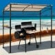 Grill gazebo with beige canopy, powder-coated steel frame, and storage shelf, perfect for outdoor BBQs and gatherings.