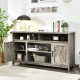 59-inch farmhouse TV stand in natural finish with barn doors, open shelves, and side cabinets for ample storage.