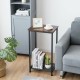 Industrial end table with a rustic top and metal mesh shelves, perfect for living room or bedroom storage.