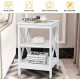 White 3-tier nightstand with X-design, featuring storage shelves and a smooth surface for living room or bedroom use.