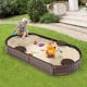 Sandbox with built-in corner seats in brown, featuring kids playing with toys, ideal for outdoor creativity and fun.