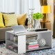 Gray coffee table with storage shelves, made of P2 MDF, ideal for living room or office use, featuring a sleek design.