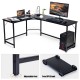 L-shaped corner computer desk in black with adjustable feet and separate CPU stand, ideal for home office or gaming.