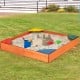 Kids outdoor wooden sandbox with built-in corner seating, colorful seats, and bottomless design for drainage and.