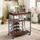 Three-tier storage bar serving cart with wine rack, made of wood and metal, ideal for kitchens and dining areas.