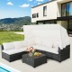 6-piece patio rattan furniture set with retractable canopy, featuring white cushions and a glass tabletop for outdoor.