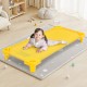 Colorful kids stackable naptime cot with a yellow frame, featuring a child lying on it in a playroom setting.