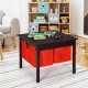 Kids double-sided activity table in brown with red storage drawers, perfect for play, reading, and creative activities.