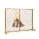 3-panel folding wrought iron fireplace screen in gold with doors, designed for safety and stability around fire.