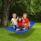 Giant 60-inch blue platform tree swing with three kids enjoying, featuring durable Oxford fabric and adjustable ropes.