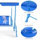 Outdoor kids patio swing bench with canopy, featuring a puppy pattern, sturdy metal frame, and safety harness for 2.