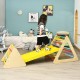 Yellow wooden triangle climber with ramp, designed for kids' play, promoting motor skills and balance, suitable for.