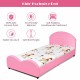 Twin size upholstered toddler bed in pink with soft padding, non-toxic varnish, and sturdy wood support for safe sleep.