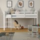 Low loft twin bed in white wood with guard rail and ladder, ideal for kids' rooms and maximizing floor space.