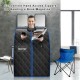 Portable personal far infrared sauna in black with hand access zippers, foldable chair, and heating foot pad for.