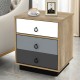 Wooden nightstand with three drawers in gray and white, perfect for bedroom or living room storage and organization.