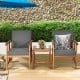 Two gray cushioned chairs with acacia wood frames and a coffee table, ideal for outdoor patio relaxation.