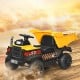 Yellow 12V battery kids ride-on dump truck with electric bucket, parental remote control, and LED lights for outdoor.