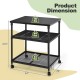 3-tier black printer stand with adjustable shelf, 360° swivel wheels, and sturdy iron wire frame for versatile use.