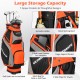 Golf stand bag in orange with 14 way dividers and 7 zippered pockets for organized storage and easy transport.