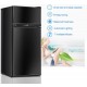 Compact black refrigerator with two doors, adjustable shelves, and energy-saving features for small spaces like dorms.