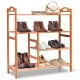 Four-tier bamboo shoe rack showcasing boots and shoes, ideal for entryway storage and home organization.