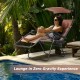 Folding recliner lounge chair with adjustable sun shade canopy, cup holder, perfect for outdoor relaxation by the pool.