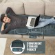 Foldable massage mat with heat and 10 vibration motors, featuring a plush surface and convenient storage pocket for.